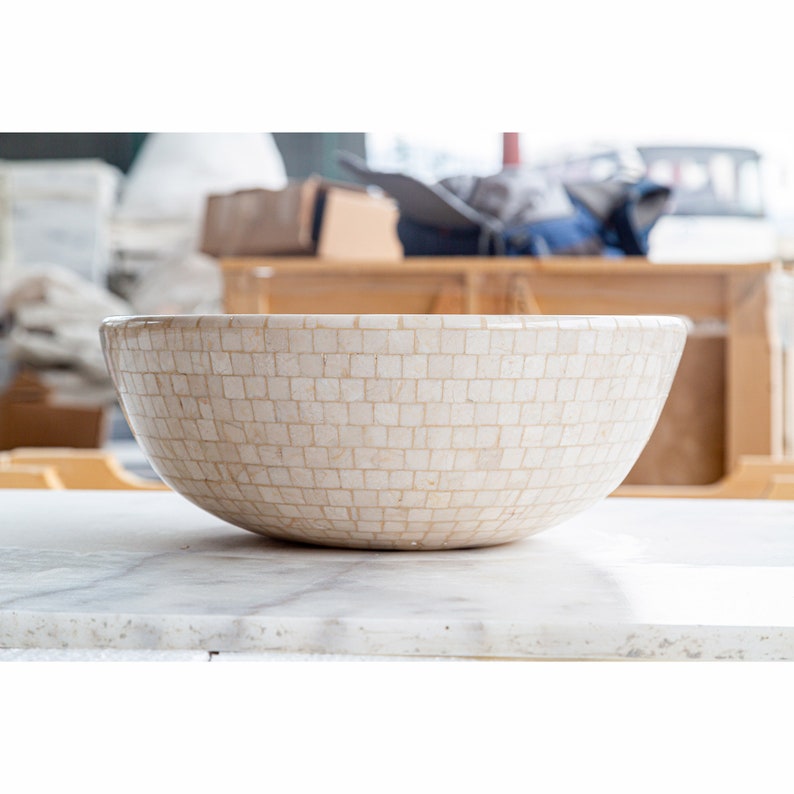 Botticino marble natural stone round above counter vessel sink semipolished d16 h6 SPBMNS17 product shot side view_2