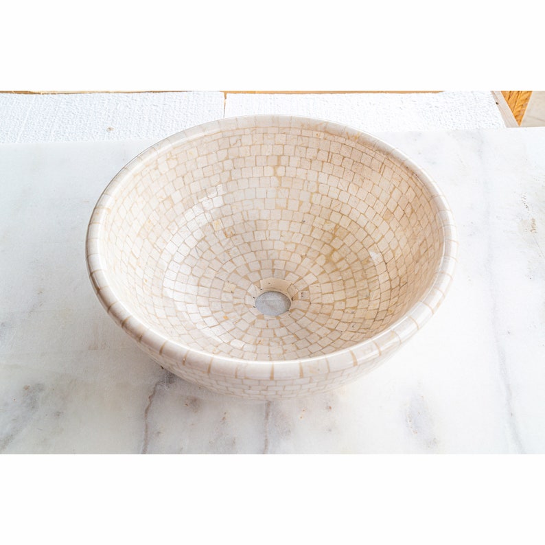 Botticino marble natural stone round above counter vessel sink semipolished d16 h6 SPBMNS17 product shot top view