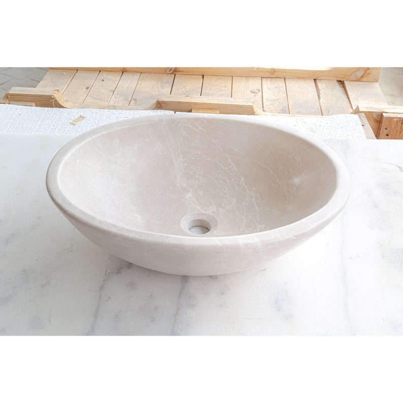 Botticino Marble Natural Stone Oval Shape Vessel Sink Honed angle view