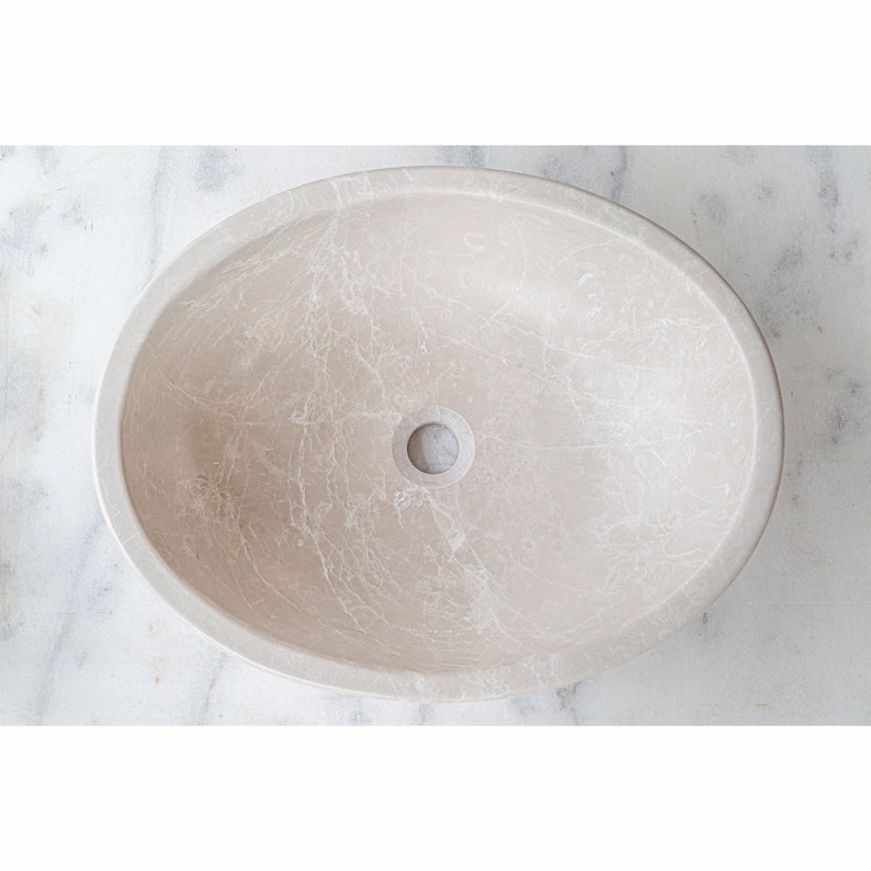 Botticino Marble Natural Stone Oval Shape Vessel Sink Honed top view