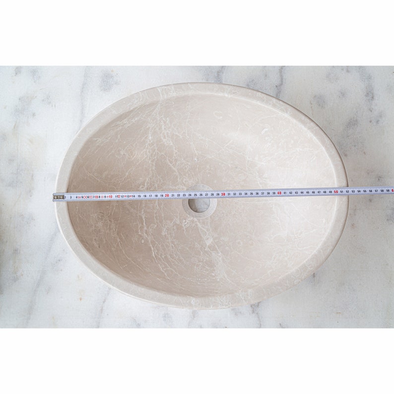 Botticino Marble Natural Stone Oval Shape Vessel Sink Honed length measure view