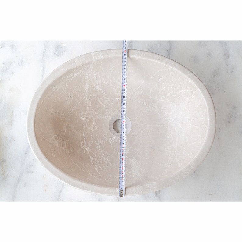 Botticino Marble Natural Stone Oval Shape Vessel Sink Honed width measure view