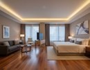 Modern bedroom with wooden flooring, gray sofa, and large windows.