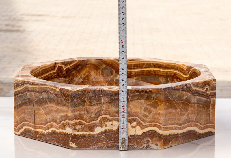 Brown onyx octagon vessel sink polished EGEBOXP165 D16 H5 side measure view