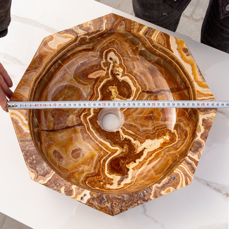 Brown onyx octagon vessel sink polished EGEBOXP165 D16 H5 top measure view