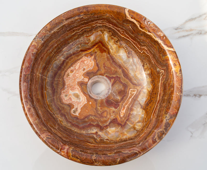 Brown onyx translucent vessel sink polished EGEBOXP166 D16 H6 top view