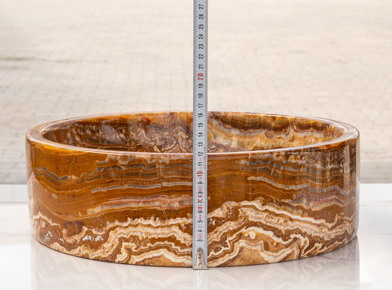 Brown onyx translucent vessel sink polished EGEBOXPF165 D16 H5 side measure view