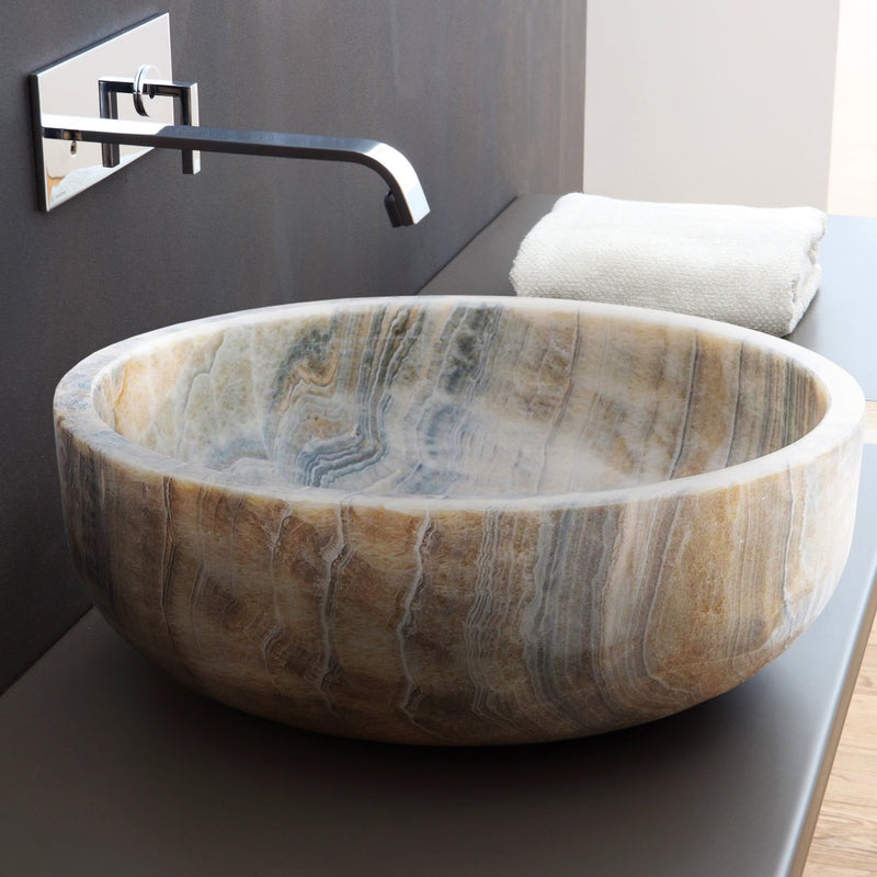 Natural Stone Bubble Gray Translucent Onyx Above Vanity Bathroom Sink installed bathroom above black vanity white hand-towel on the vanity