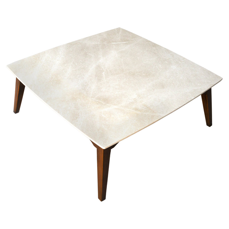 Burdur Beige marble coffee table W40 L40 H14 rectangular wood legs product shot angle view