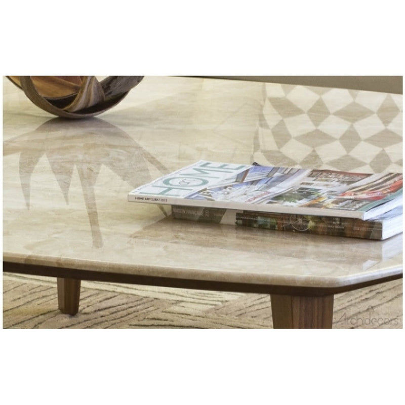 Burdur Beige marble coffee table W40 L40 H14 rectangular wood legs product shot edge datail