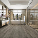 WPC Vinyl Rigid Core 9" Width 60" RL 9.5mm Thick, 1.5mm IXPE Burnished Fossil Romulus Floors - Mazzia Collection bathroom view