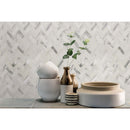 Bytle bianco herringbone 12 x 12 glass metal stone mesh mounted mosaic tile pattern SMOT-SGLSMT-BYTBIA6MM product shot flower pot table tile view
