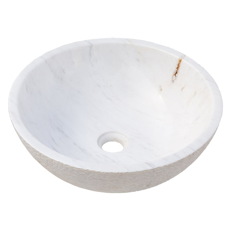 Calacatta White marble vessel sink polished rough outside EGECVP165 D16 H5 angle view