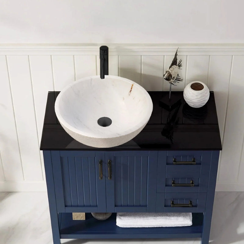 Calacatta White marble vessel sink polished rough outside EGECVP165 D16 H5 bathroom blue vanity unit and black glass countertop