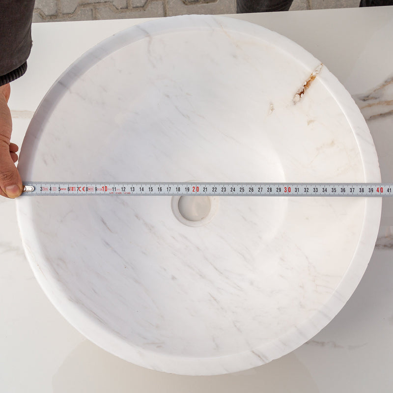 Calacatta White marble vessel sink polished rough outside EGECVP165 D16 H5 diameter measure view