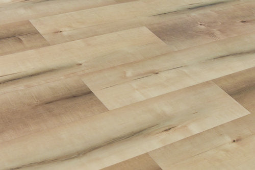 WPC Vinyl Rigid Core 7" Width 48" RL 8.5mm Thick, 1.5mm IXPE Caribbean Sand, Bermuda Floors - Mazzia Collection angle view