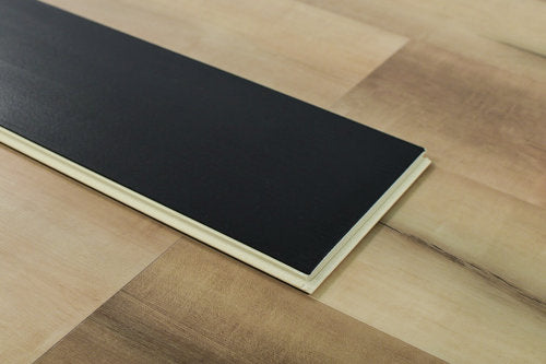 WPC Vinyl Rigid Core 7" Width 48" RL 8.5mm Thick, 1.5mm IXPE Caribbean Sand, Bermuda Floors - Mazzia Collection edge view