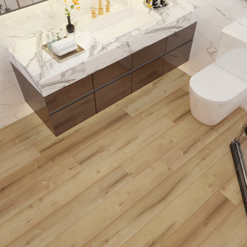 WPC Vinyl Rigid Core 7" Width 48" RL 8.5mm Thick, 1.5mm IXPE Caribbean Sand, Bermuda Floors - Mazzia Collection bathroom view 3