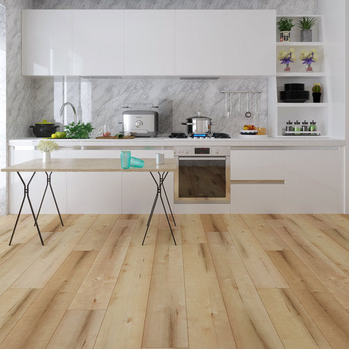 WPC Vinyl Rigid Core 7" Width 48" RL 8.5mm Thick, 1.5mm IXPE Caribbean Sand, Bermuda Floors - Mazzia Collection kitchen view