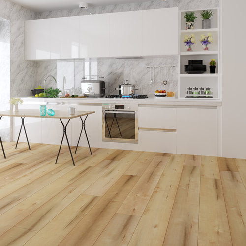WPC Vinyl Rigid Core 7" Width 48" RL 8.5mm Thick, 1.5mm IXPE Caribbean Sand, Bermuda Floors - Mazzia Collection kitchen view 2