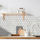 Carrara White Marble Hexagon 2 Polished Mosaic Floor Wall Tile DM-0161-020 kitchen backsplash black grouted closeup