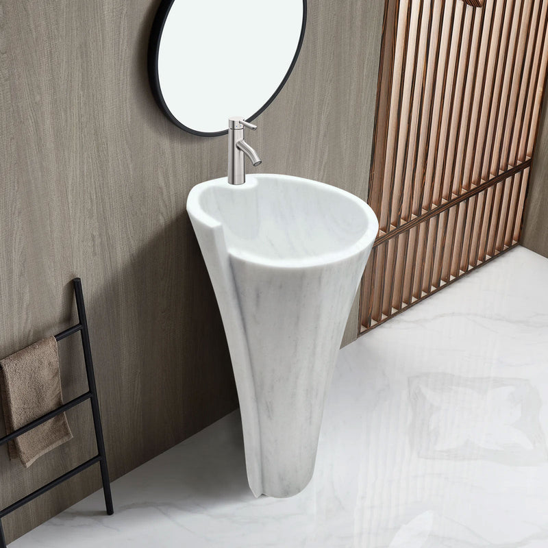 Carrara White Marble Stand-alone Designer Pedestal Bathroom Sink (W)16.5" (L)16.5" (H)36" installed modern bathroom