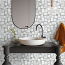Carrara White Mini Versailles Pattern Mosaic Floor Wall Tile DM-0160-0201 installed bathroom wall black grouted