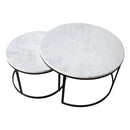 Carrara White genuine marble modern coffee table set of 2 nesting round black metal legs angle view