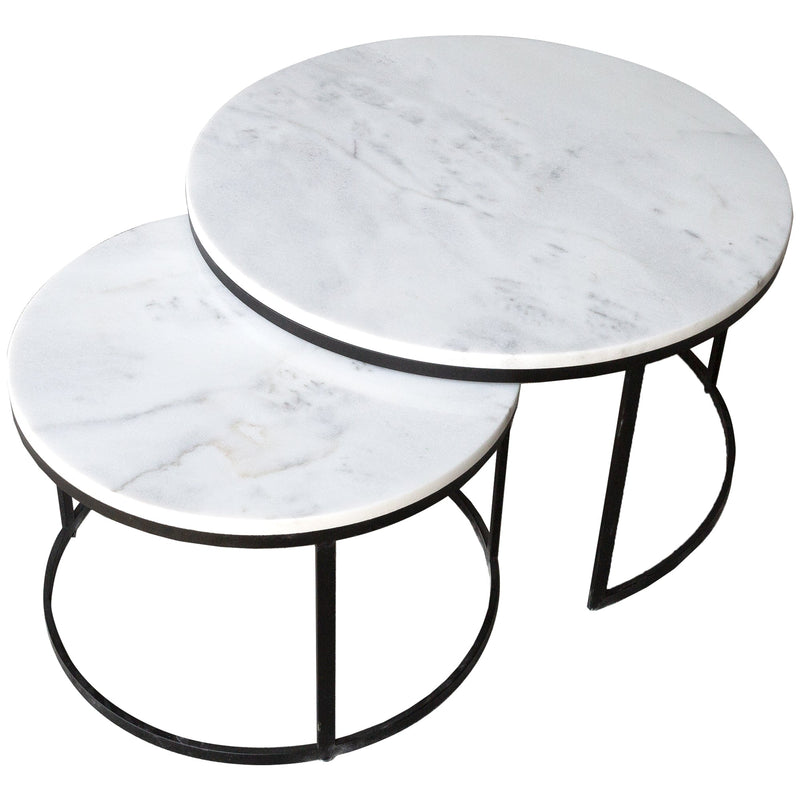 Carrara White genuine marble modern coffee table set of 2 nesting round black metal legs product shot