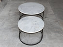 Carrara White genuine marble modern coffee table set of 2 nesting round black metal legs product shot angle view