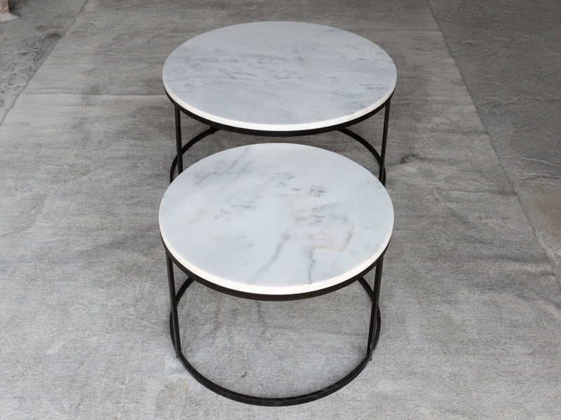 Carrara White genuine marble modern coffee table set of 2 nesting round black metal legs product shot angle view