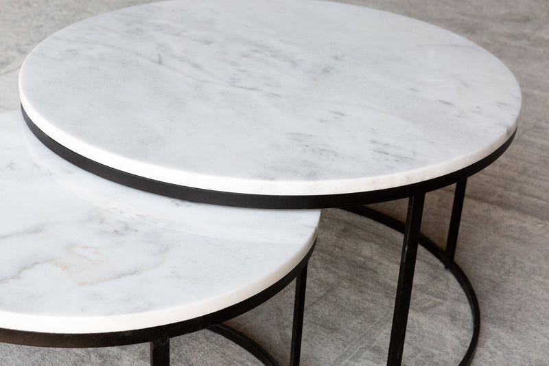 Carrara White genuine marble modern coffee table set of 2 nesting round black metal legs product shot closeup