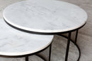 Carrara White genuine marble modern coffee table set of 2 nesting round black metal legs product shot closeup