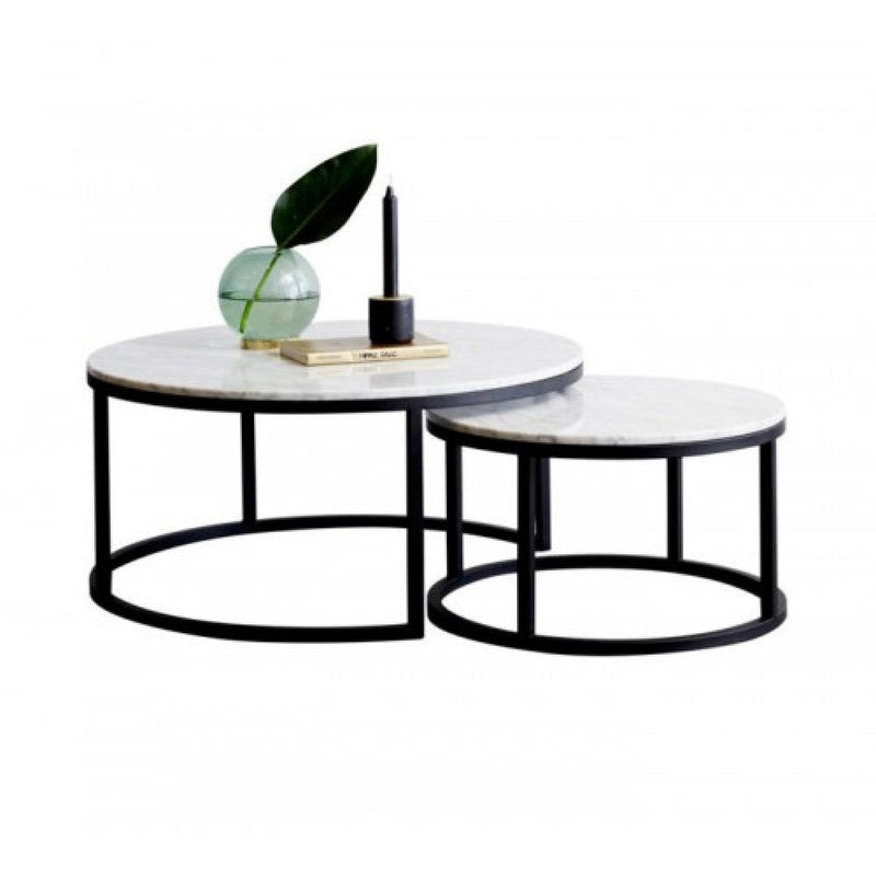 Carrara White genuine marble modern coffee table set of 2 nesting round black metal legs product shot