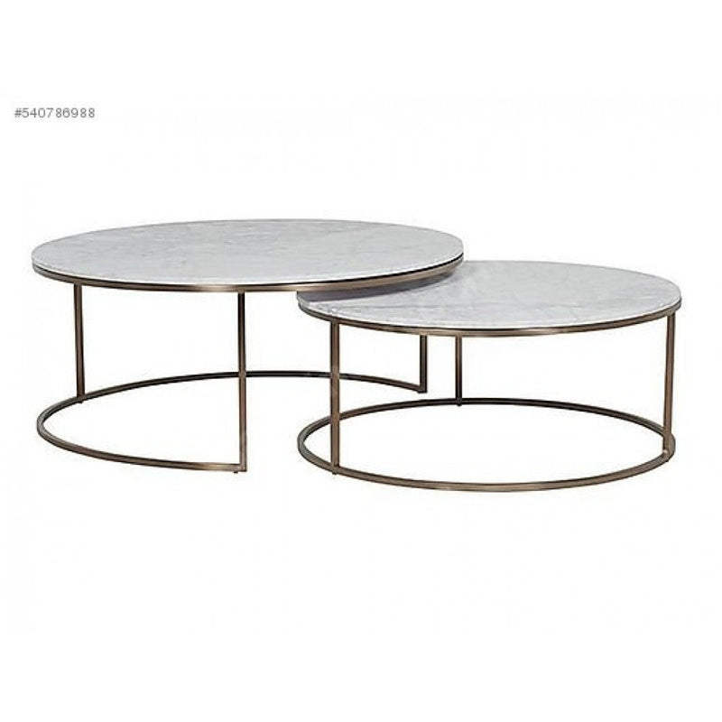 Carrara White genuine marble modern coffee table set of 2 nesting round copper metal legs product shot