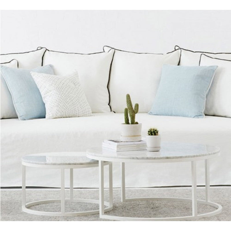 Carrara White genuine marble modern coffee table set of 2 nesting round white metal legs product shot