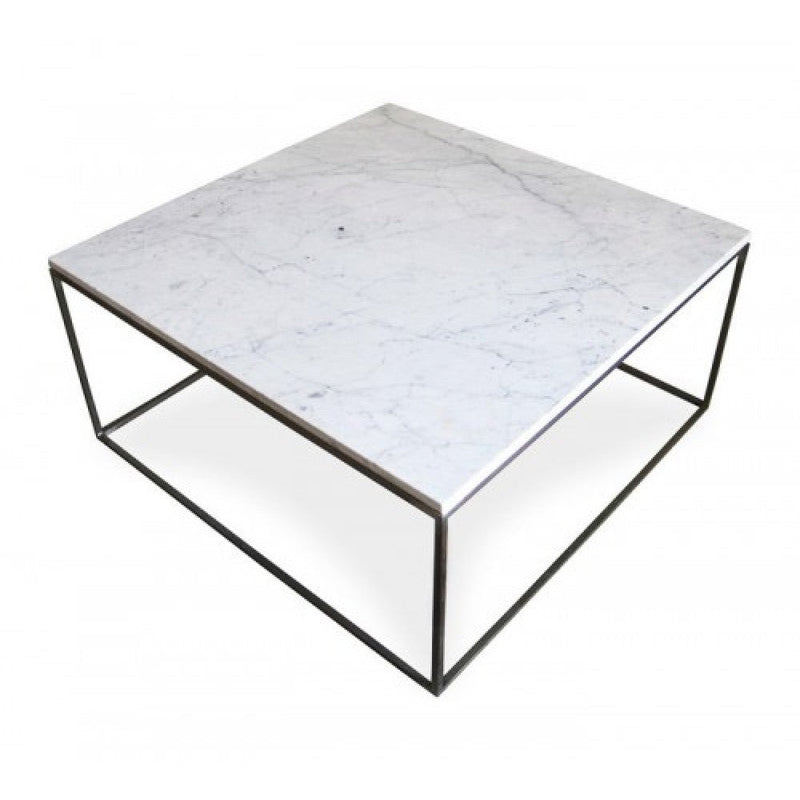 Carrara White marble coffee table 32x32 square black paint legs product shot