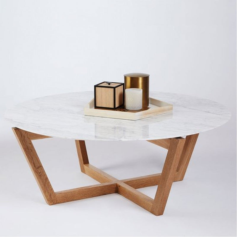 Carrara White marble coffee table D32 H16.5 round wood legs product shot