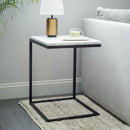 Carrara White marble side table W14 L14 H18 square black legs roomscene shot