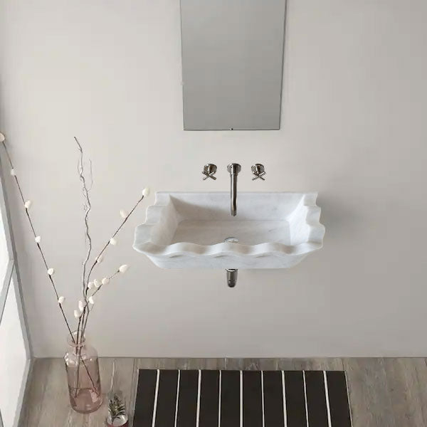 Carrara White Marble Rectangular Wall-mount Wavy Edges Bathroom Sink (W)16" (L)24" (H)6" installed minimal bathroom