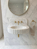 Custom Carrara White Marble Wall Mount Bathroom Sink With Fluted Front Design