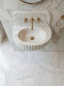 Custom Carrara White Marble Wall Mount Bathroom Sink With Fluted Front Design