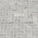 Carrrara white herringbone 12X12 polished marble mesh mounted mosaic tile SMOT-CAR-1X3HBP product shot multiple tiles angle view