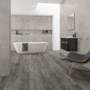 WPC Vinyl Rigid Core 9" Width 60" RL 8.5mm Thick, 1.5mm IXPE, Celestial Shadow, Romulus Floors - Mazzia Collection bath view