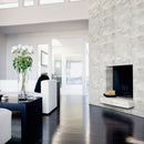 Cosmic white ledger panel 6"x24" splitface marble wall tile LPNLMCOSWHI624 product shot room view
