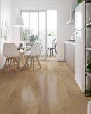 SPC Vinyl Rigid Core 7" Width 60" RL, 7mm Thick, 1.5mm IXPE Demure Natural Meraki Floors - Mazzia Collection Media Product shoot room view