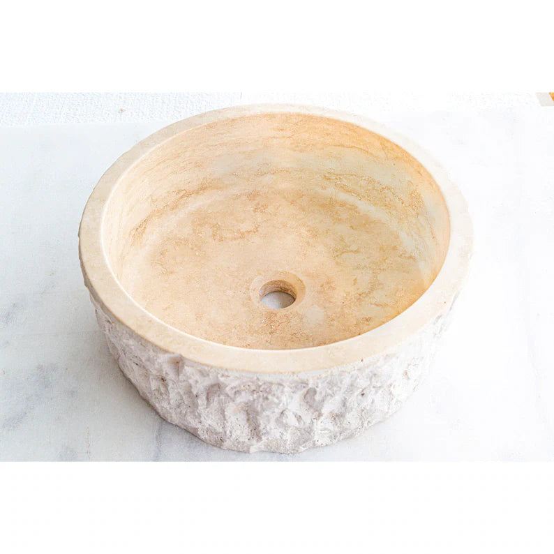 Denizli beige travertine rustic stone vessel sink honed interior hand chiseled exterior d16 h6 SPDBTRS28 product shot angle view