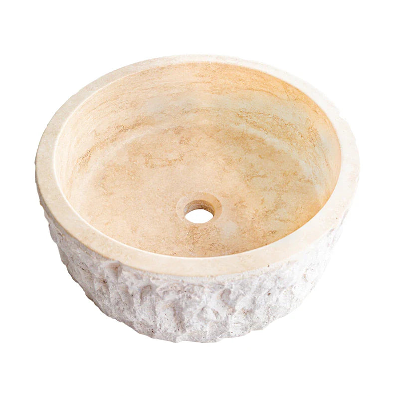 Denizli beige travertine rustic stone vessel sink honed interior hand chiseled exterior d16 h6 SPDBTRS28 product shot profile view 2