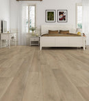 SPC Vinyl Rigid Core 7" Width 60" RL, 8mm Thick, 2mm IXPE Earthen Mink Galea Floors - Mazzia Collection Product shoot bedroom  view 