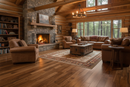 Cozy living room in a log cabin with wooden floor, fireplace, and furniture.